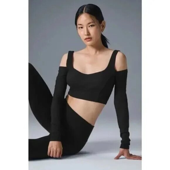ALO Yoga Tops - Alo Yoga Ribbed Cropped Butterfly Long Sleeve Black Top Cutout Cold Shoulder S